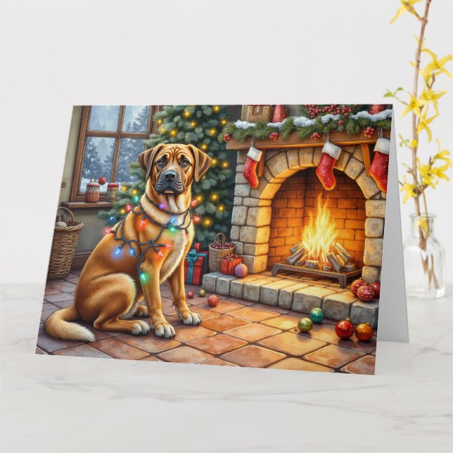 Bullmastiff Eldstäde med julbelysning Kort (Gul blomma)