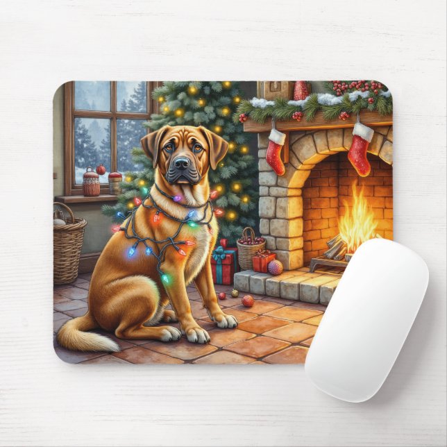 Bullmastiff Eldstäde med julbelysning Musmatta (Med mus)