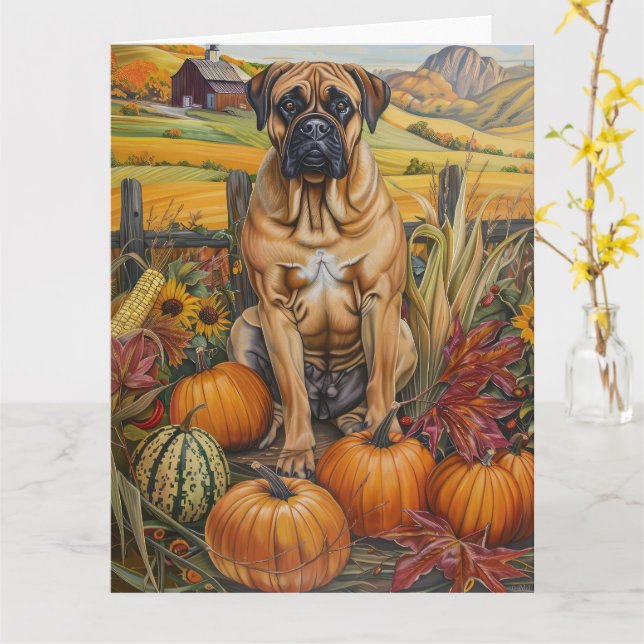 Bullmastiff Hund Höstskörd Tacksägelse Kort (Gul blomma)