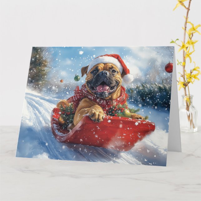 Bullmastiff Hund i Släde Låt det Snöa Jul Kort (Gul blomma)