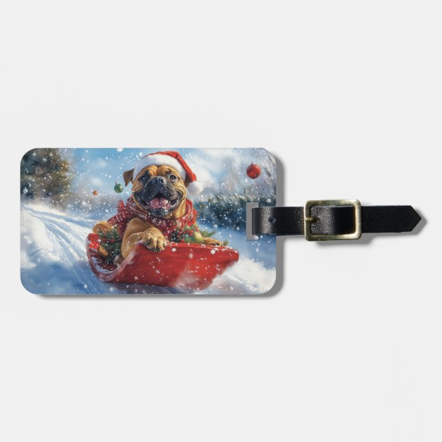 Bullmastiff Hund i Sledge Låt det snöa jul Bagagebricka (Horisontell Framsida)