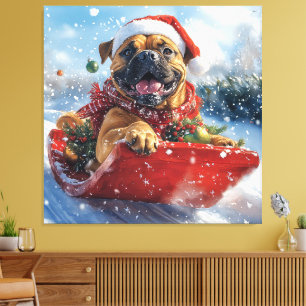 Bullmastiff Hund i Sledge Låt det snöa jul Canvastryck