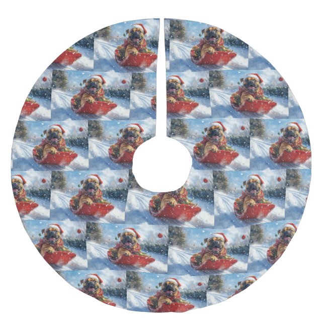 Bullmastiff Hund i Sledge Låt det snöa jul Julgransmatta Borstad Polyester (Framsidan)