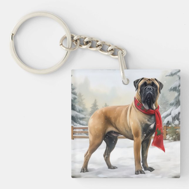 Bullmastiff hund i snö jul (Framsidan)