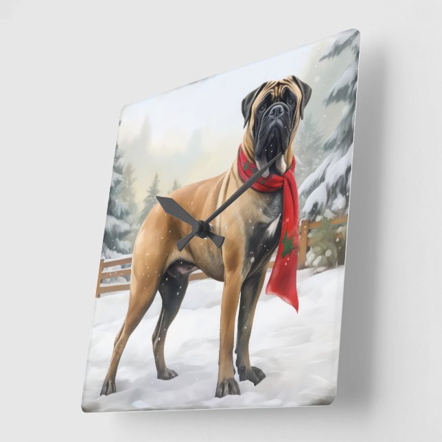 Bullmastiff Hund i Snö jul Fyrkantig Klocka (Vinkel)