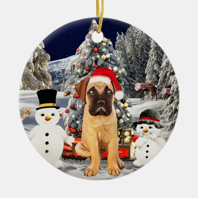 Bullmastiff Hund i snö jul Hat Ljus Julgransprydnad Keramik (Framsidan)