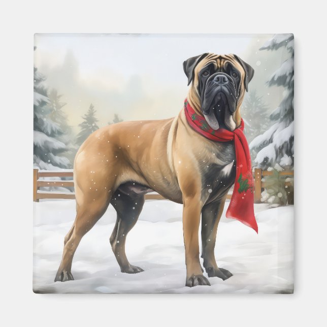 Bullmastiff Hund i Snö jul Magnet (Framsidan)