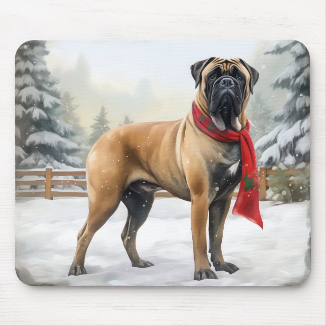 Bullmastiff hund i snö jul musmatta (Framsidan)