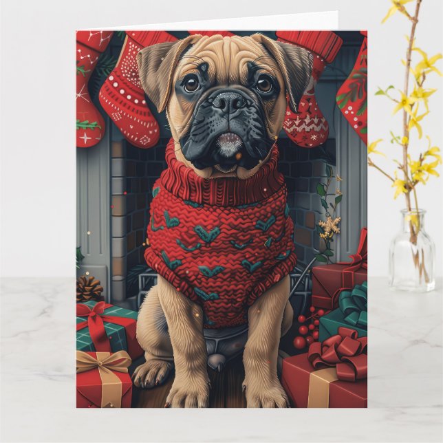 Bullmastiff Hund med julklappar Kaminen Kort (Gul blomma)