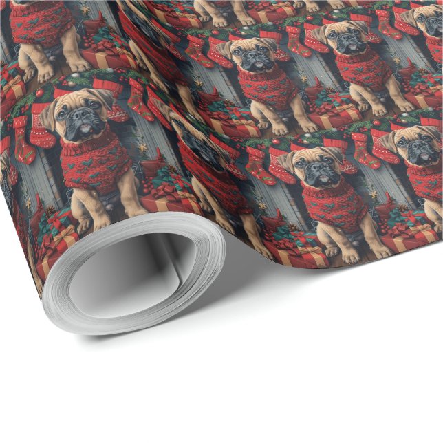 Bullmastiff Hund med julklappar Kaminen Presentpapper (Rulle Hörn)