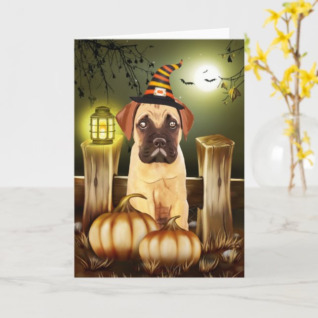 Bullmastiff Hund med Witch Hat Halloween Kort (Gul blomma)