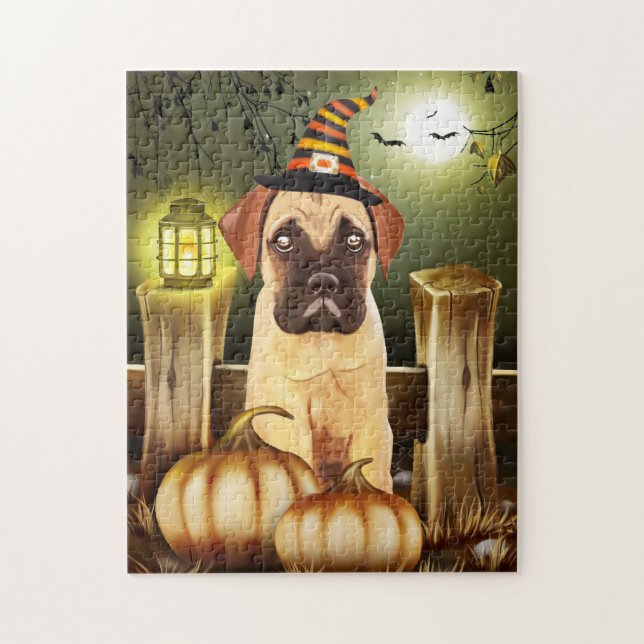 Bullmastiff Hund med Witch Hat Halloween Pussel (Vertikal)