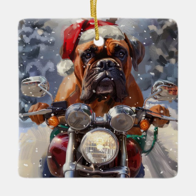 Bullmastiff Hund Riding Motorcykel jul Julgransprydnad Keramik (Framsida)