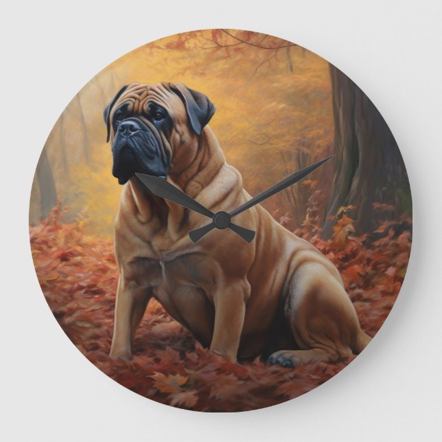 Bullmastiff i höstlöv Fall Inspire Stor Klocka (Framsida)