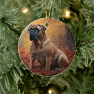 Bullmastiff i höstlöv faller inspirerar julgransprydnad keramik