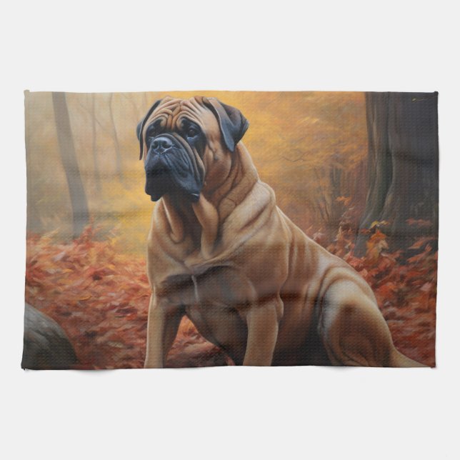 Bullmastiff i höstlöv faller inspirerar kökshandduk (Horisontell)