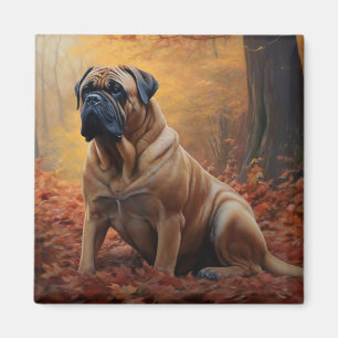 Bullmastiff i höstlöv faller inspirerar magnet