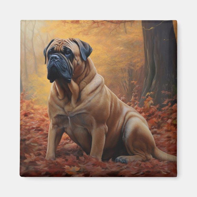 Bullmastiff i höstlöv faller inspirerar magnet (Framsidan)