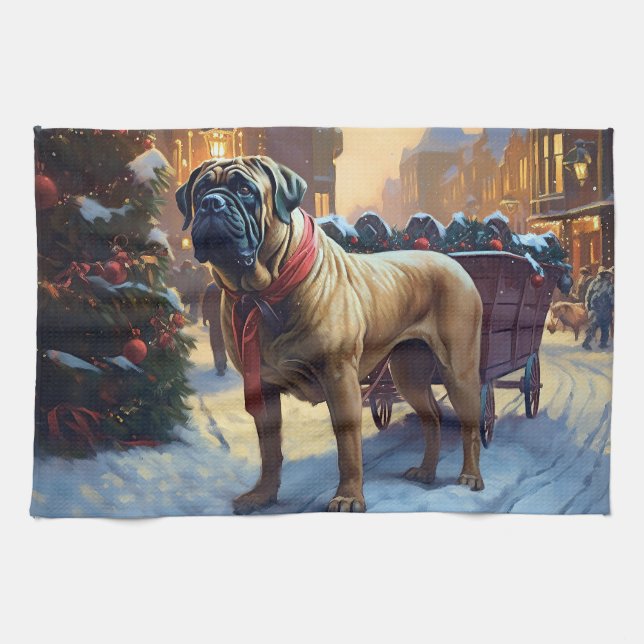 Bullmastiff jul - festsäsong kökshandduk (Horisontell)