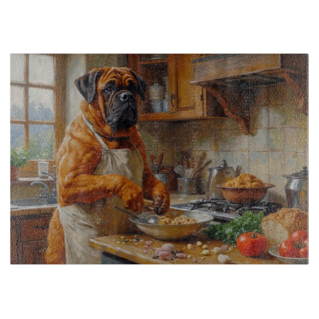 Bullmastiff lagar mat i köket (Framsidan)