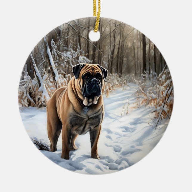 Bullmastiff Låt det snöa jul Julgransprydnad Keramik (Framsidan)