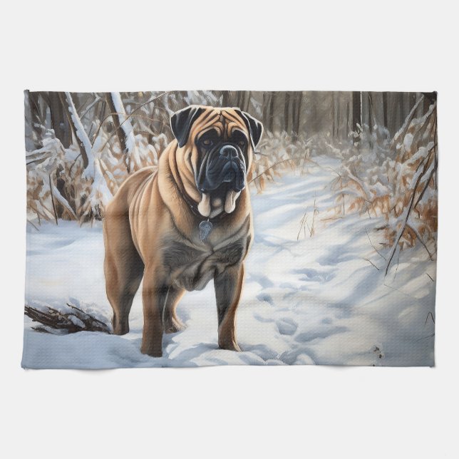 Bullmastiff Låt det snöa jul Kökshandduk (Horisontell)