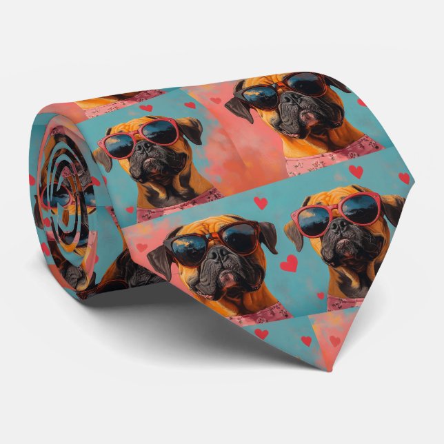 Bullmastiff med hjärtrusor Alla hjärtans dag  Slips (Rullad)