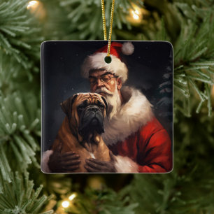 Bullmastiff med Jultomten under julen Julgransprydnad Keramik