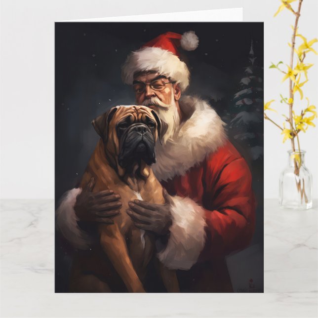 Bullmastiff med Jultomten under julen Kort (Gul blomma)