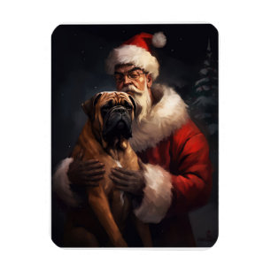 Bullmastiff med Jultomten under julen Magnet