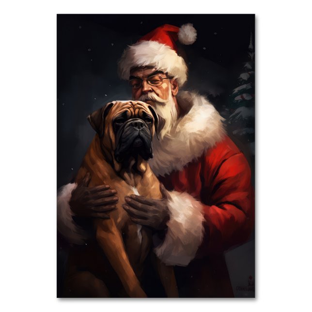 Bullmastiff med tomte festlig jul  bordsnummer (Framsidan)