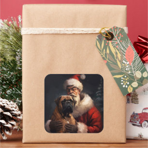 Bullmastiff med tomte festlig jul fyrkantigt klistermärke