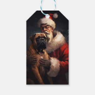 Bullmastiff med tomte festlig jul presentetikett