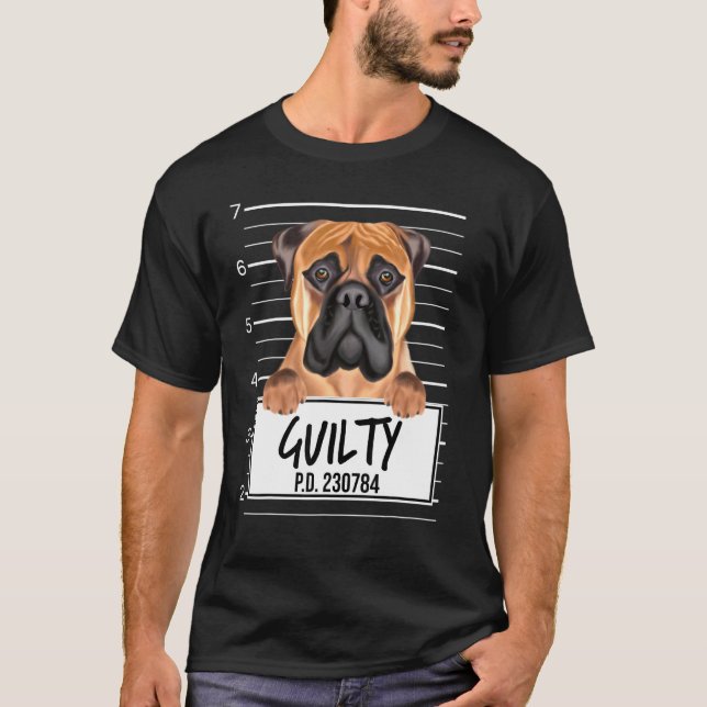 Bullmastiff Mugshot Skyldig Hund T Shirt (Framsida)