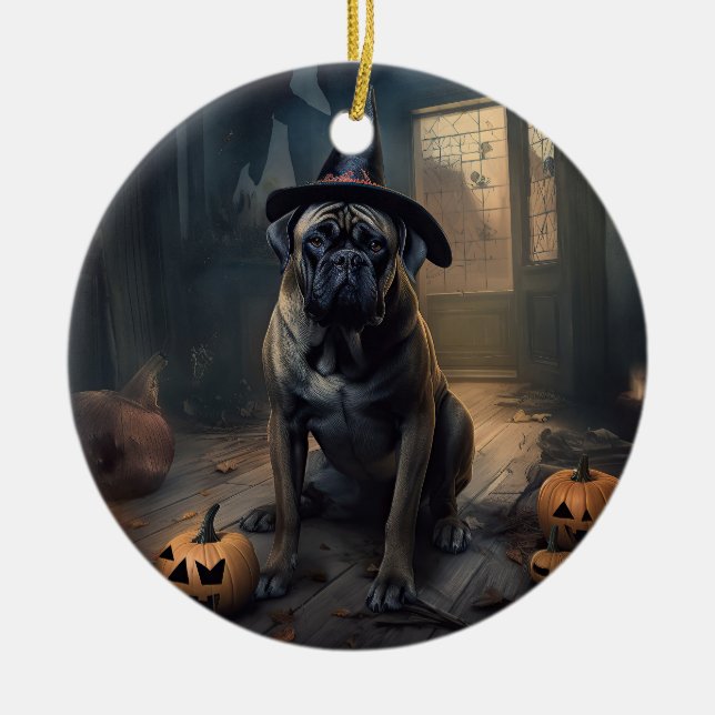Bullmastiff Pumpkins Halloween Scary Julgransprydnad Keramik (Framsidan)