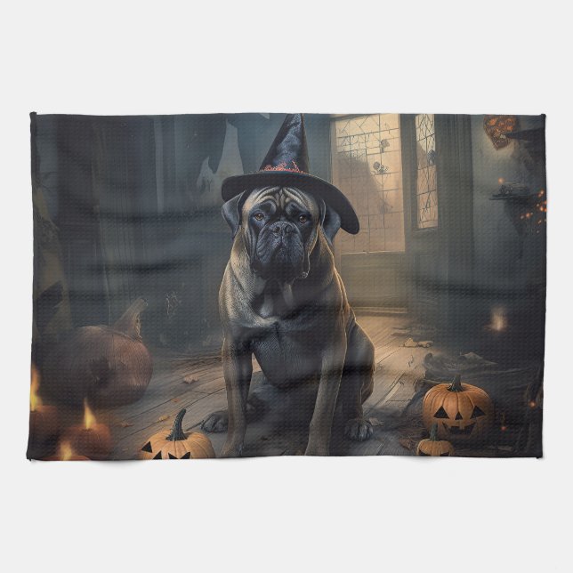 Bullmastiff Pumpkins Halloween Scary Kökshandduk (Horisontell)