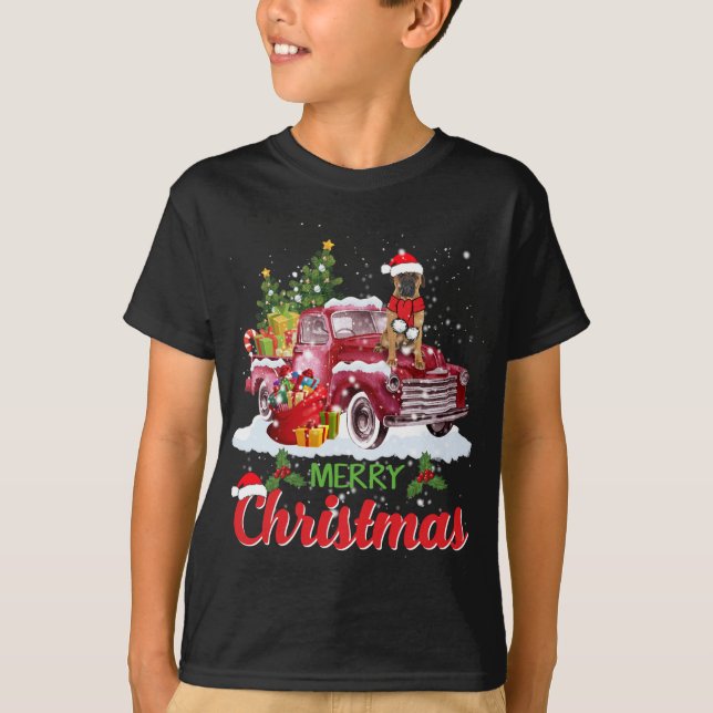 Bullmastiff Riding Red Lastbil God jul Julafton T Shirt (Framsida)