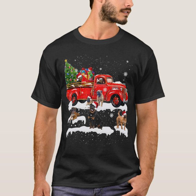 Bullmastiff Riding Red Lastbil Julafton Merry T Shirt (Framsida)