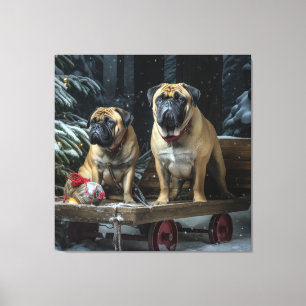 Bullmastiff Snöig släde juldekoration Canvastryck