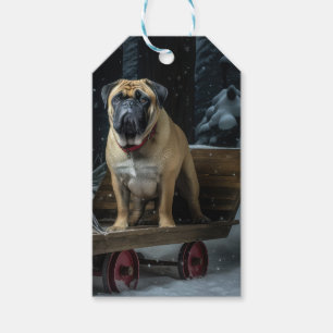 Bullmastiff Snösläd Juldekoration Presentetikett