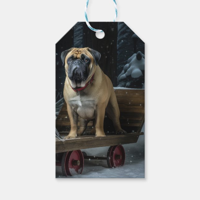 Bullmastiff Snösläd Juldekoration Presentetikett (Framsidan)