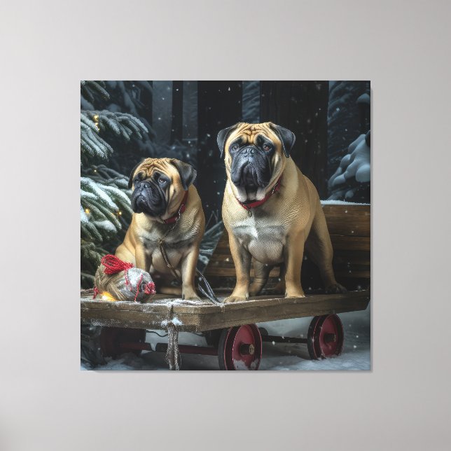Bullmastiff Snowy Sleigh-juldekretet Canvastryck (Framsida)