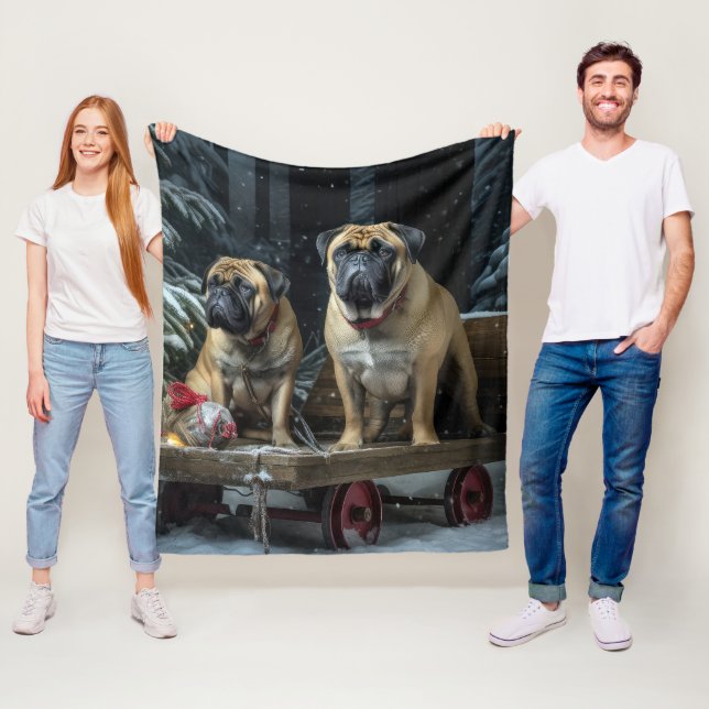 Bullmastiff Snowy Sleigh-juldekretet Fleecefilt (På plats)
