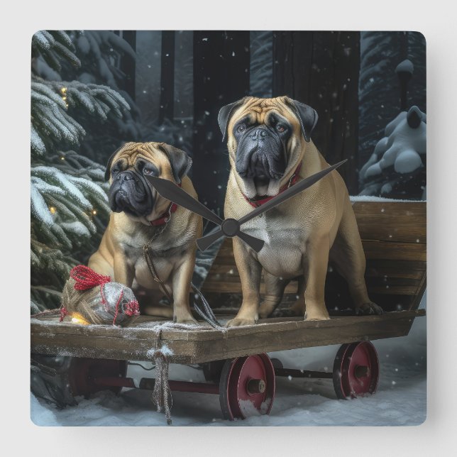 Bullmastiff Snowy Sleigh-juldekretet Fyrkantig Klocka (Framsida)