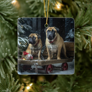 Bullmastiff Snowy Sleigh-juldekretet Julgransprydnad Keramik