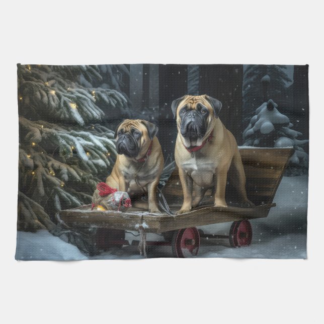 Bullmastiff Snowy Sleigh-juldekretet Kökshandduk (Horisontell)