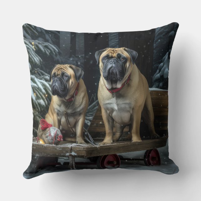 Bullmastiff Snowy Sleigh-juldekretet Kudde (Baksida)