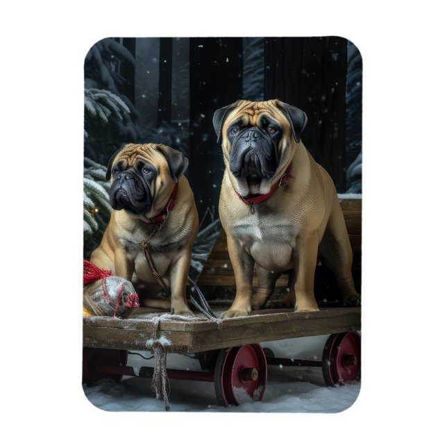 Bullmastiff Snowy Sleigh-juldekretet Magnet (Vertikal)