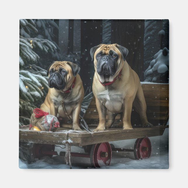 Bullmastiff Snowy Sleigh-juldekretet Magnet (Framsidan)