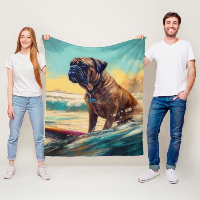 Bullmastiff Strand Surfing Målning Fleecefilt (På plats)